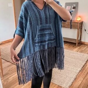 Raquel Allegra Blue Wool Cashmere Knit Blend Relaxed Pullover Poncho Sweater